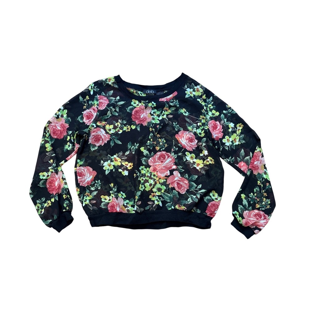 Deb Floral Mesh Top Womens Black Rose Print Sheer Long Sleeve Boho SIZE M